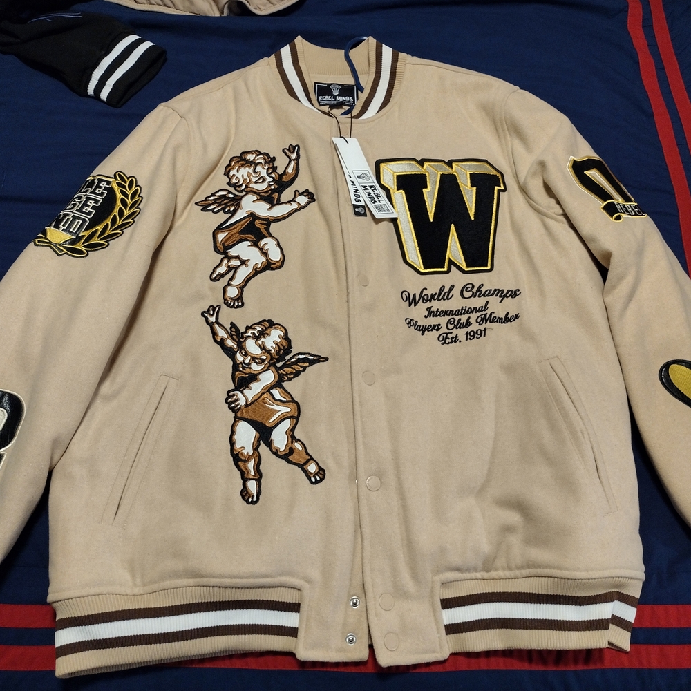 Rebel Minds Tan Bomber Jacket with Embroidered Cherubs